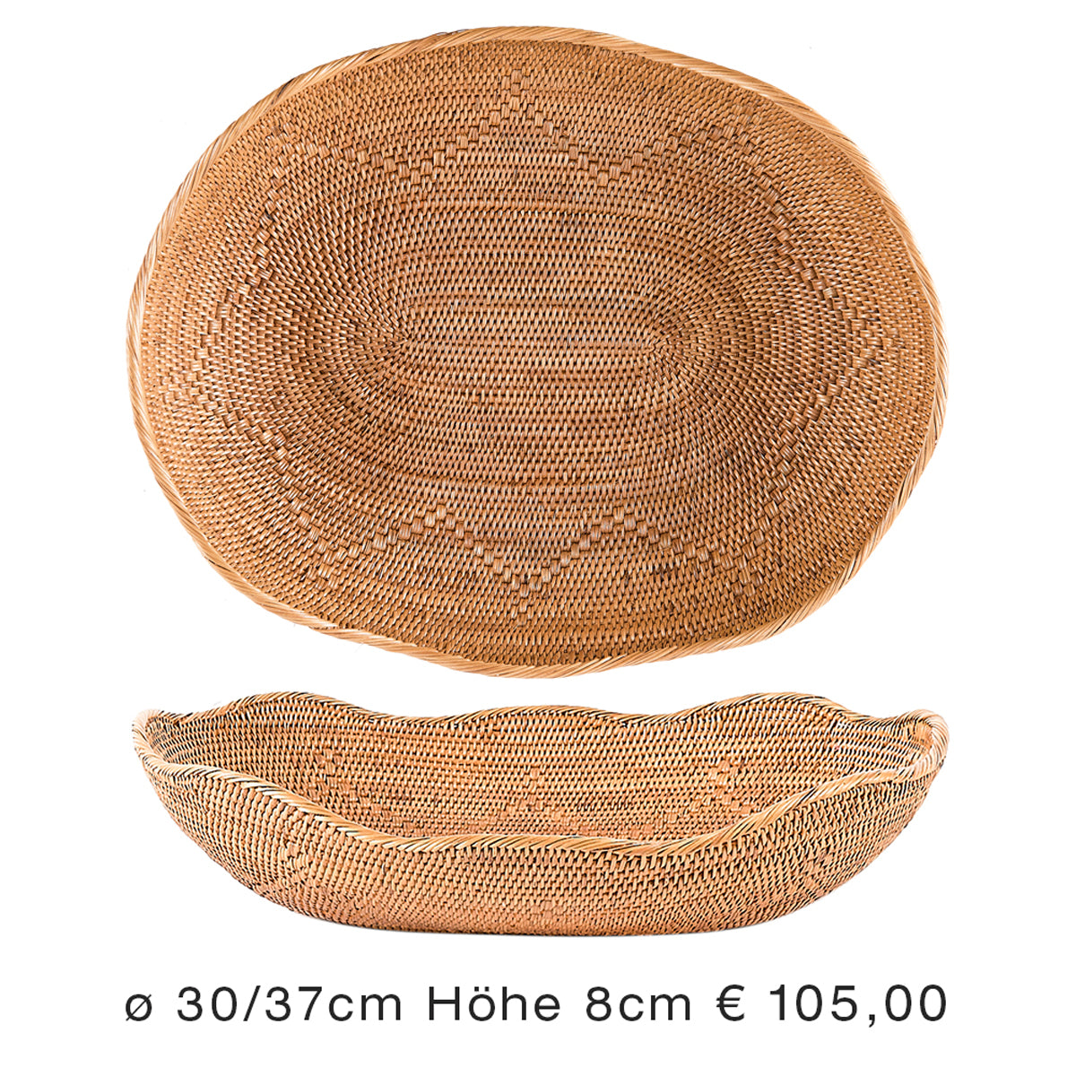 Naturprodukt aus Ata Gras. Handgeflochtene ovale Schale mit traditionellem Muster und gewelltem Rand. Durchmesser circa 30 bis 37 cm mal Höhe circa 8 cm. Gewicht circa 250 Gramm. Fair gehandelt.