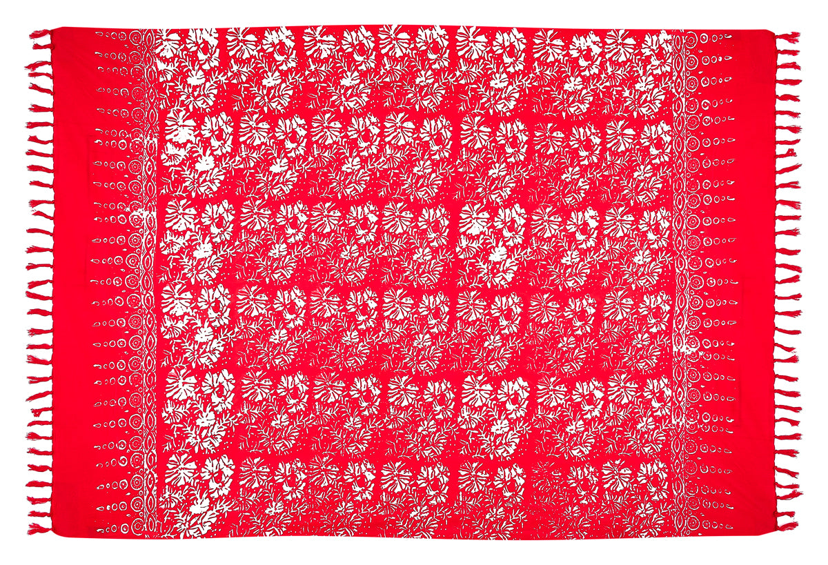 Sarong. Pareo. Schal. Kopftuch. Wickelrock. Strandtuch. Authentisch von Hand gebatikt  100 Prozent Viskose. Fair gehandelt circa 160 bis 180 mal 120 cm circa 270 Gramm. Rotes Tuch mit Blumenmuster.