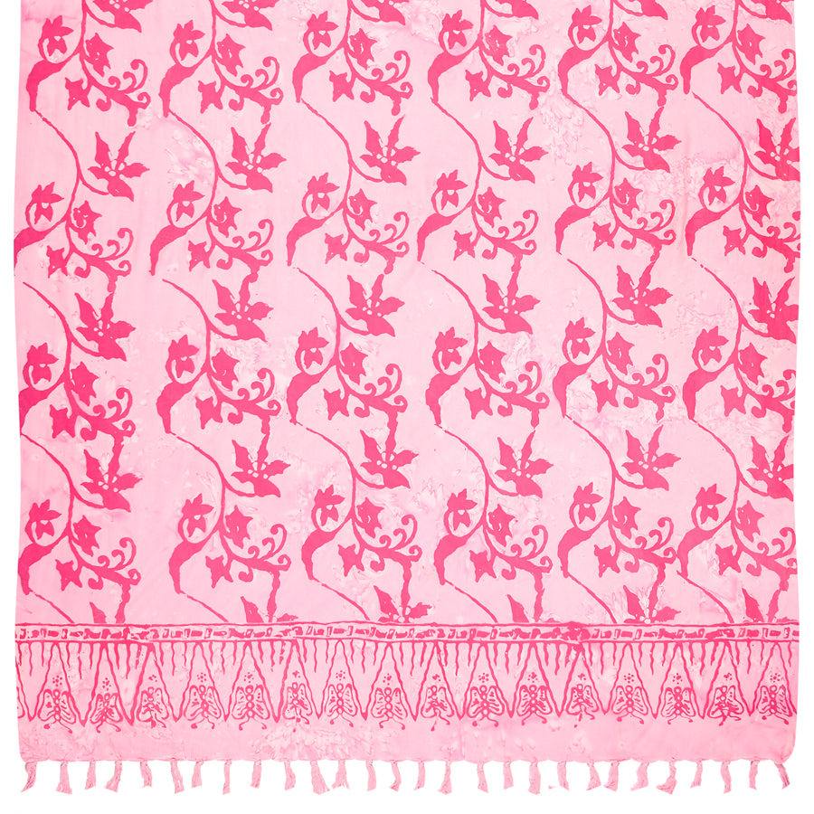 Sarong. Pareo. Schal. Kopftuch. Wickelrock. Strandtuch. Authentisch von Hand gebatikt  100 Prozent Viskose. Fair gehandelt circa 160 bis 180 mal 120 cm circa 270 Gramm. Rosa Tuch mit Blumenornamenten.